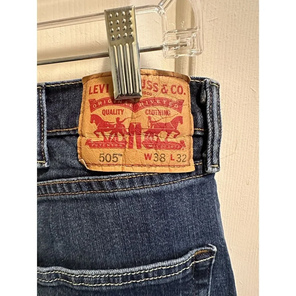 Levis 505 Jeans Mens 38x32 Blue Denim Regular Straight Leg‎ Stretch Dark Wash